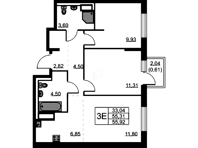 2-комнатная квартира 55.92 м², 3/9 эт., ЖК «Квартал Лаголово»